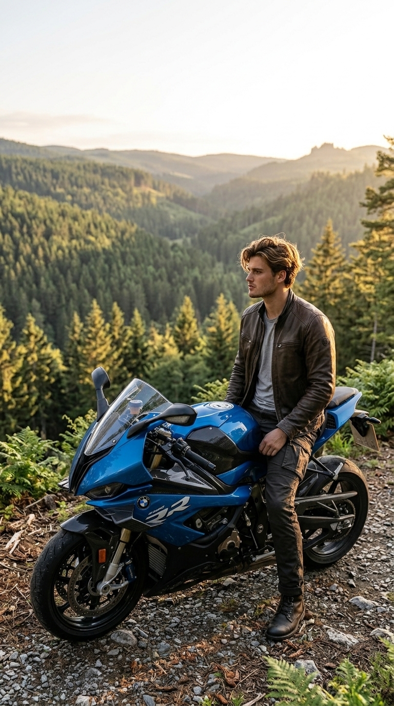 Modern young biker posing